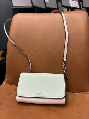 kate spade Mint & White Crossbody Wallet with Chain Strap